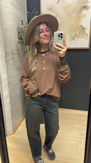 Feinstrick-Pullover mit Knopfleiste  - Camel