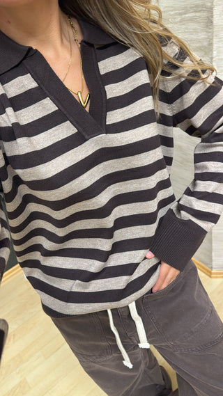 Polo Pullover "Louise“ - Taupe/Dark Brown
