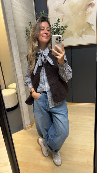 Karierte Bluse mit Volant & Schluppendetail - Denim/Burgundy
