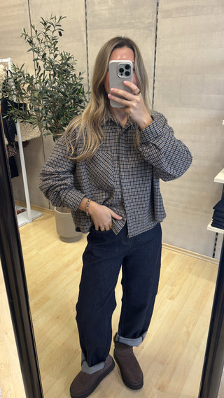 Oversize Flanell Hemd – Taupe / Blau kariert