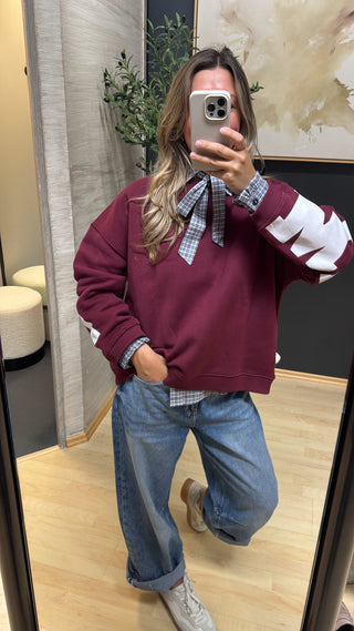 Karierte Bluse mit Volant & Schluppendetail - Denim/Burgundy