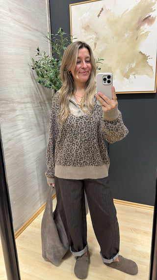 Zip-Kragen Strickpullover „Oriana“ – Taupe / Leo