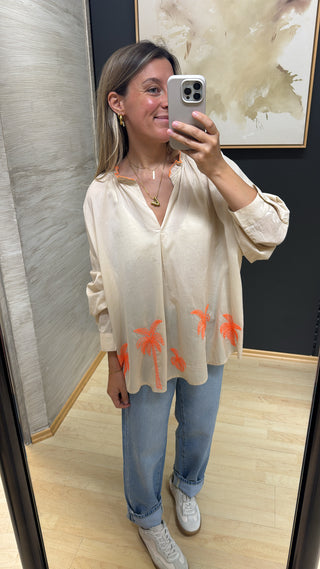 Bluse mit Palmen Stickung - Beige / Orange