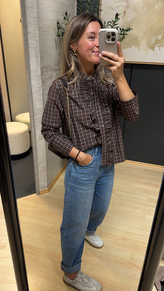 Karierte Bluse mit Volant - Choco