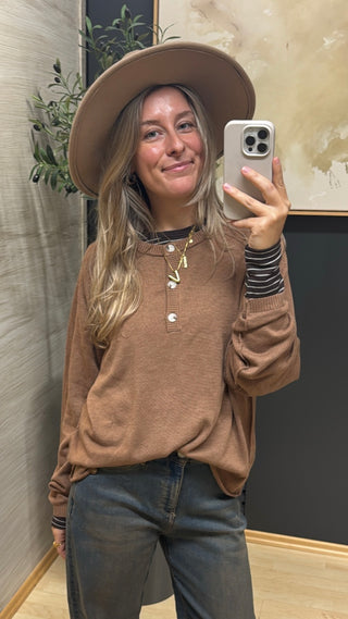 Feinstrick-Pullover mit Knopfleiste  - Camel