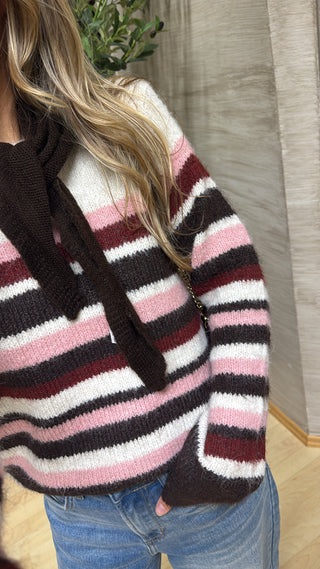 Gestreifter Pullover - Creme/Braun/Rosa/Burgunder
