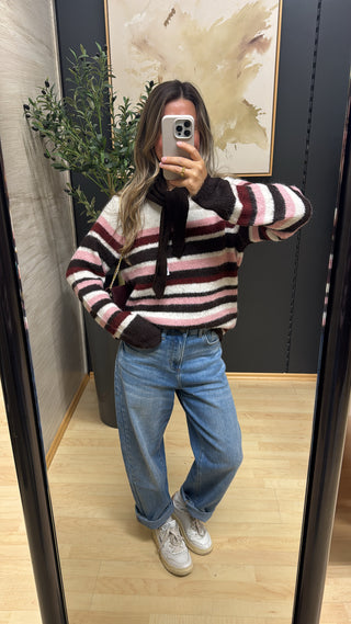 Gestreifter Pullover - Creme/Braun/Rosa/Burgunder