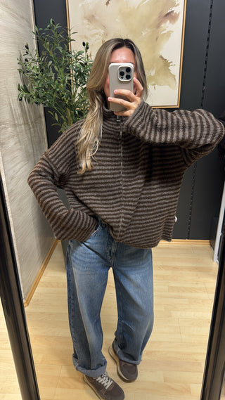 Gestreifte Zipper Strickjacke "Mari" - Braun/Taupe