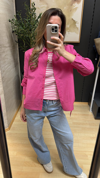 Gestreifte Bluse mit seitlicher Raffung - Fuchsia