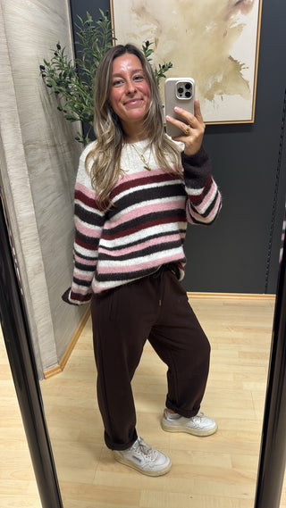 Gestreifter Pullover - Creme/Braun/Rosa/Burgunder