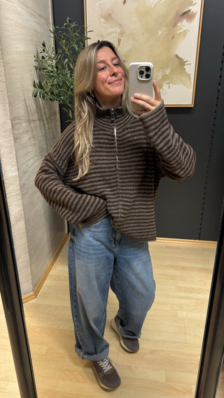 Gestreifte Zipper Strickjacke "Mari" - Braun/Taupe