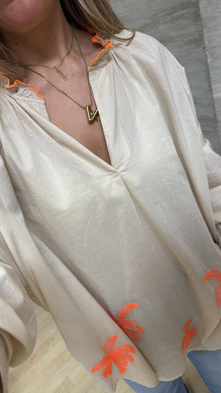 Bluse mit Palmen Stickung - Beige / Orange
