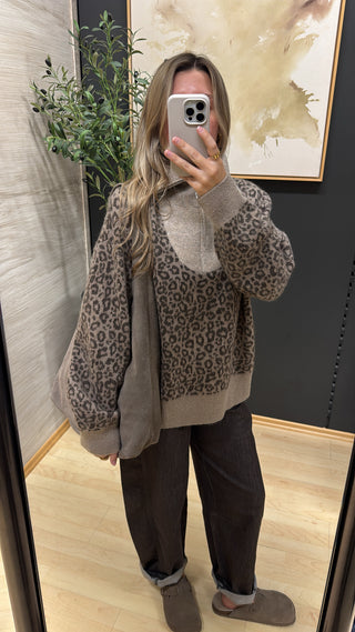 Zip-Kragen Strickpullover „Oriana“ – Taupe / Leo