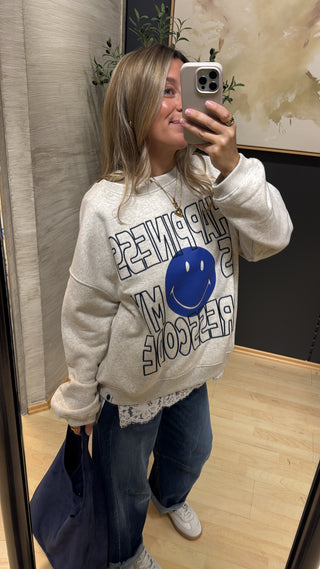 Oversized Sweatshirt mit Smiley Print - Hellbeige Melange