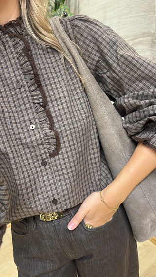 Karo-Bluse mit Rüschenkragen - Taupe