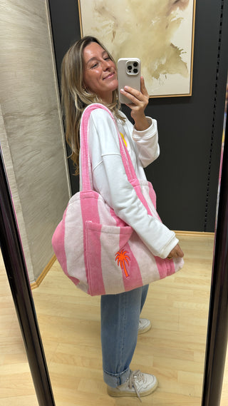 Gestreifter Frottee Shopper - Rosa/Weiß