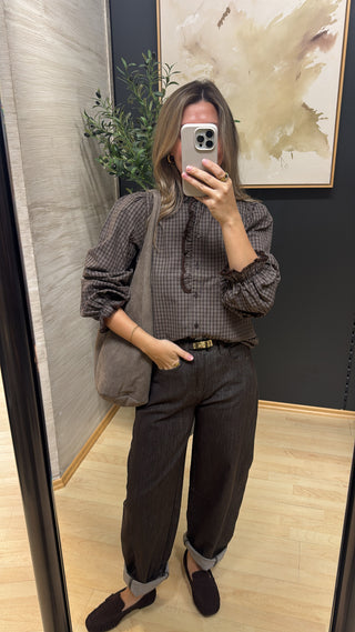 Karo-Bluse mit Rüschenkragen - Taupe