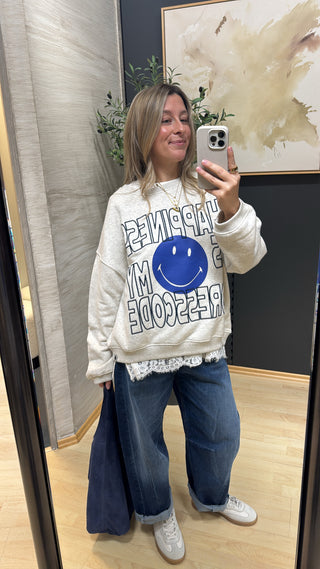 Oversized Sweatshirt mit Smiley Print - Hellbeige Melange