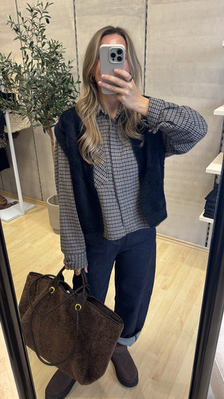 Oversize Flanell Hemd – Taupe / Blau kariert