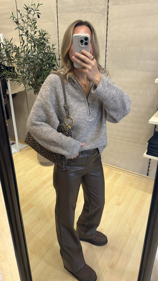Strickpullover mit Zip-Kragen „Kim“ – Taupe meliert