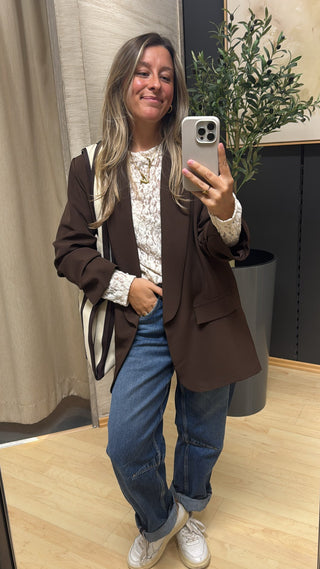Long-Blazer-Braun-Damen-Reverskragen-Raffung-asmowoman
