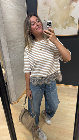 asmo-shirt-tshirt-damen-oversize-spitze-am-saum-gestreift-beige-weiß