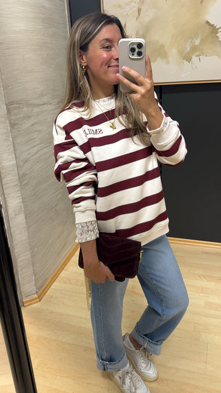 asmo-sweater-burgunder-creme-gestreift-smile-lucky-patch-theshirtproject-damen-sweat