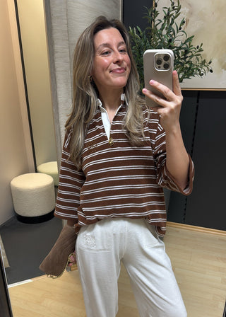 Gestreiftes Poloshirt aus Frottee - Brown