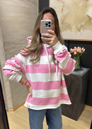 Gestreifter Hoodie mit Smiley - Pink/White