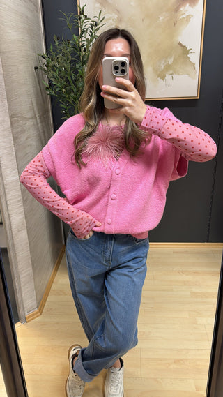 strickjacke-boucle-strick-damen-pink-redbutton-knöpfe-asmowoman-asmo-mode-oldenburg