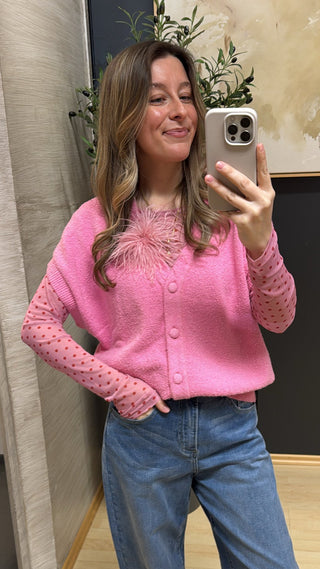 strickjacke-boucle-strick-damen-pink-redbutton-knöpfe-asmowoman-asmo-mode